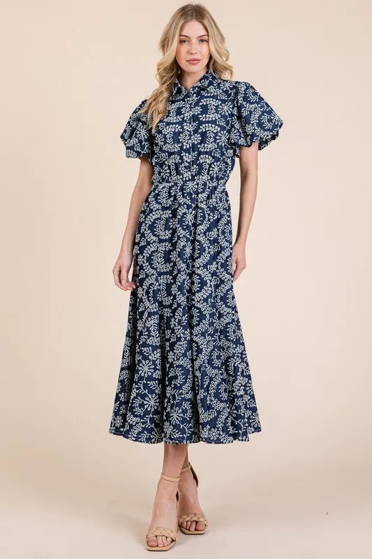 GeeGee Natural Leaf Pattern Eyelet Lace Puff Sleeve Dress - Brittney MADE