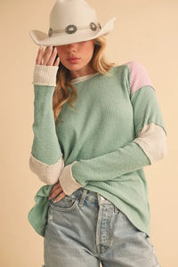 Aemi + Co Raw Seam Color Block Round Neck Knit Top - Brittney MADE