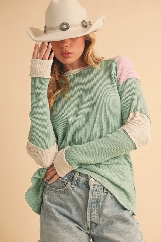 Aemi + Co Raw Seam Color Block Round Neck Knit Top - Brittney MADE