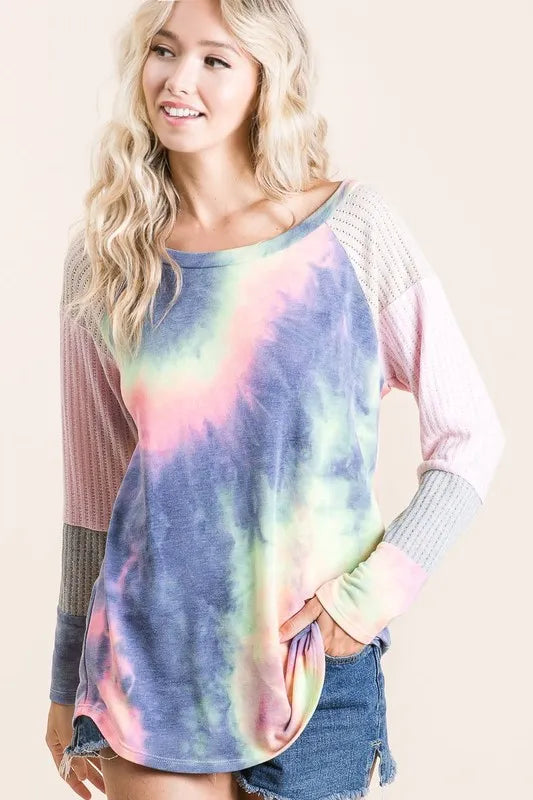 BiBi Tie Dye Terry Top With Color Block Pointelle Knit - Brittney MADE