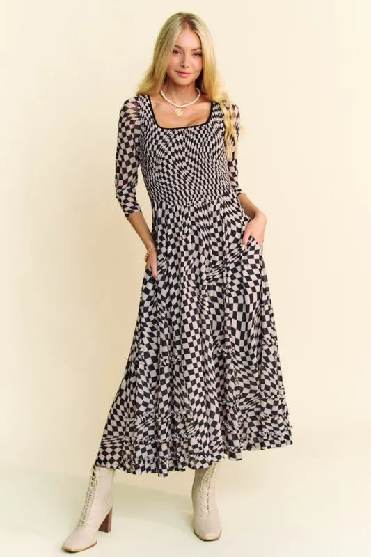 Davi & Dani Printed Checker Mesh Flowy Maxi Dress - Brittney MADE