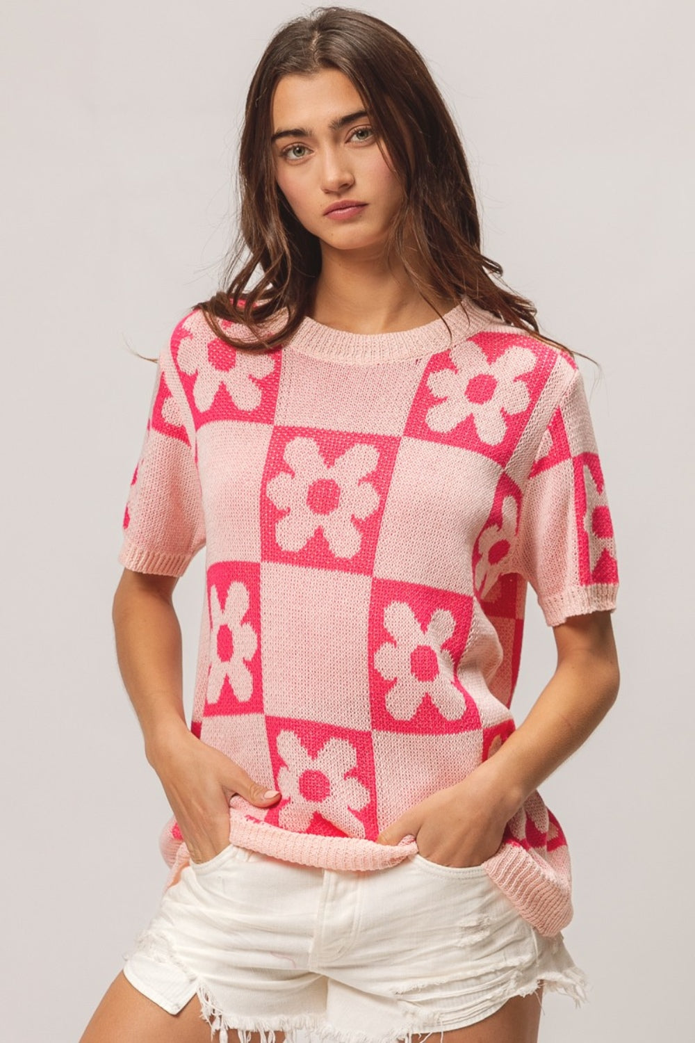 BiBi Flower Checker Pattern Short Sleeve Sweater - Brittney MADE