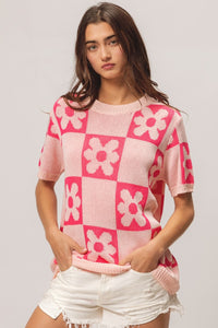 BiBi Flower Checker Pattern Short Sleeve Sweater - Brittney MADE