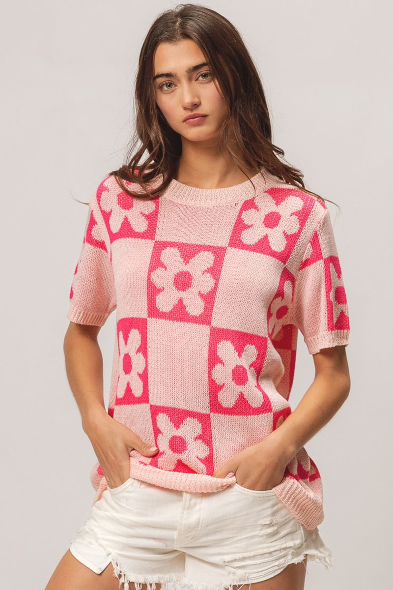 BiBi Flower Checker Pattern Short Sleeve Sweater - Brittney MADE