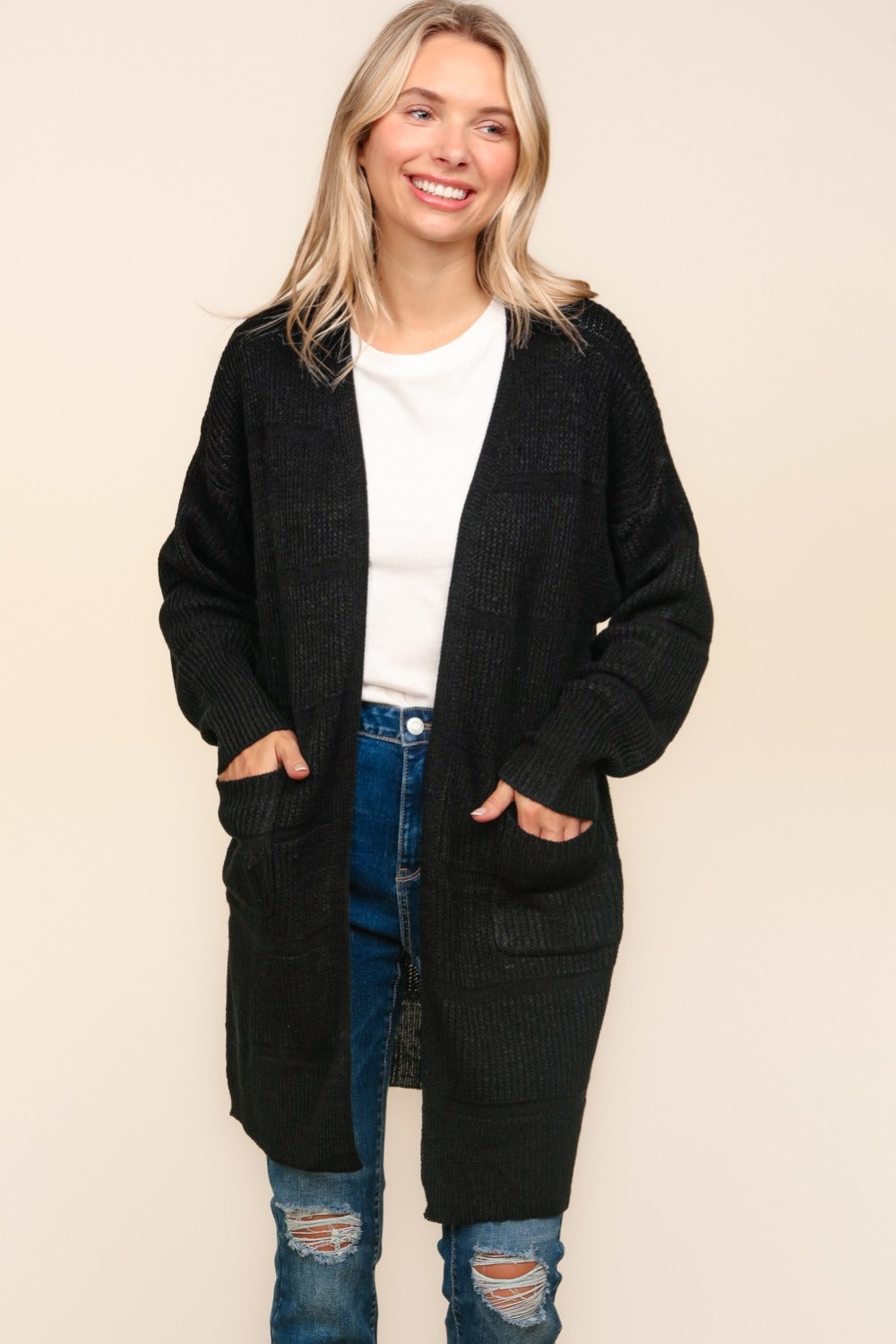 Haptics Stripe Textured Open Front Cardigan with Pockets - Brittney MADE