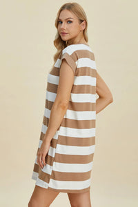 Basic Bae Full Size Striped Round Neck Cap Sleeve Mini Dress - Brittney MADE