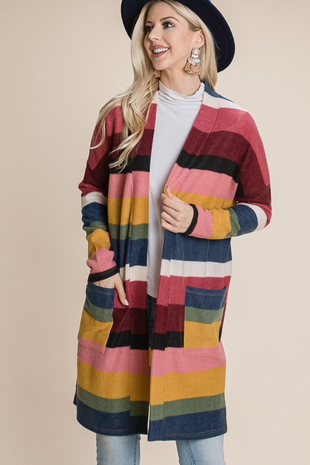BOMBOM Color Block Striped Open Front Cardigan - Brittney MADE