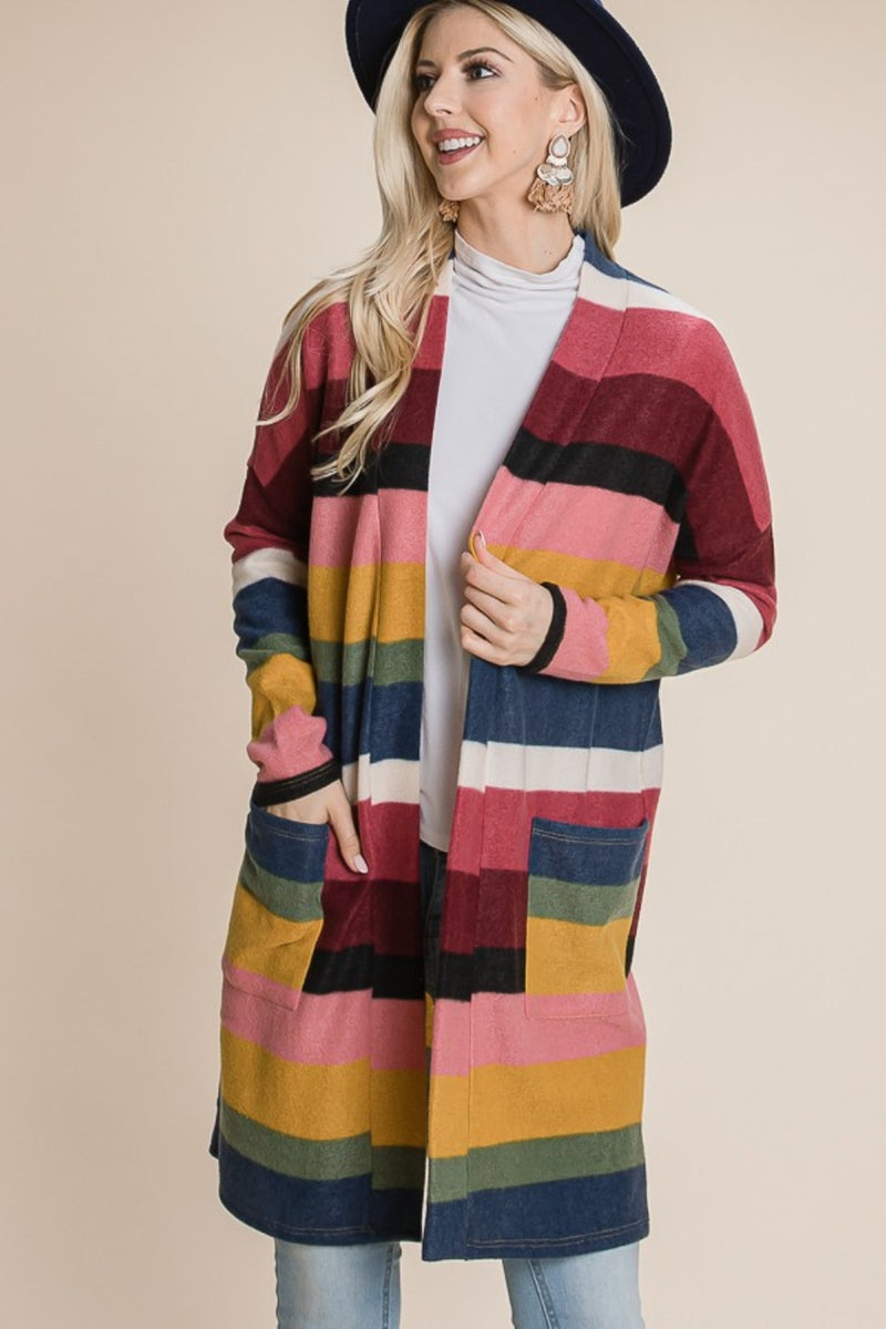 BOMBOM Color Block Striped Open Front Cardigan - Brittney MADE
