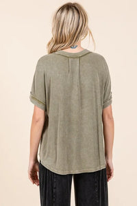 Mittoshop Mineral Wash Henley Short Sleeve Waffle Knit Top - Brittney MADE