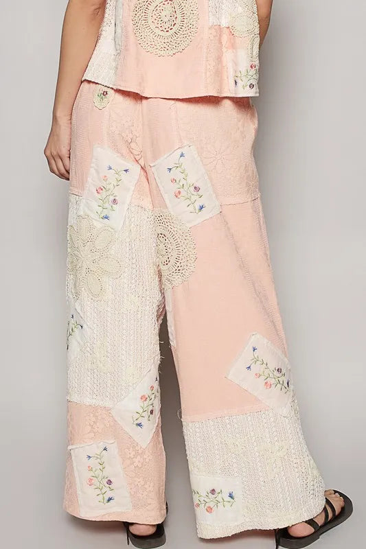 POL Embroidered Drawstring Lace Patch Wide Leg Pants - Brittney MADE
