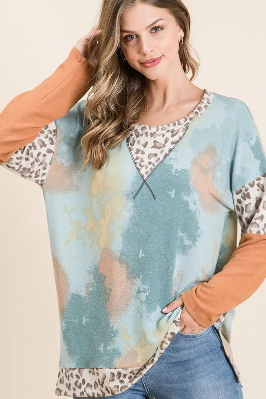 BiBi Tie-Dye Leopard Terry Round Neck Long Sleeve T-Shirt - Brittney MADE