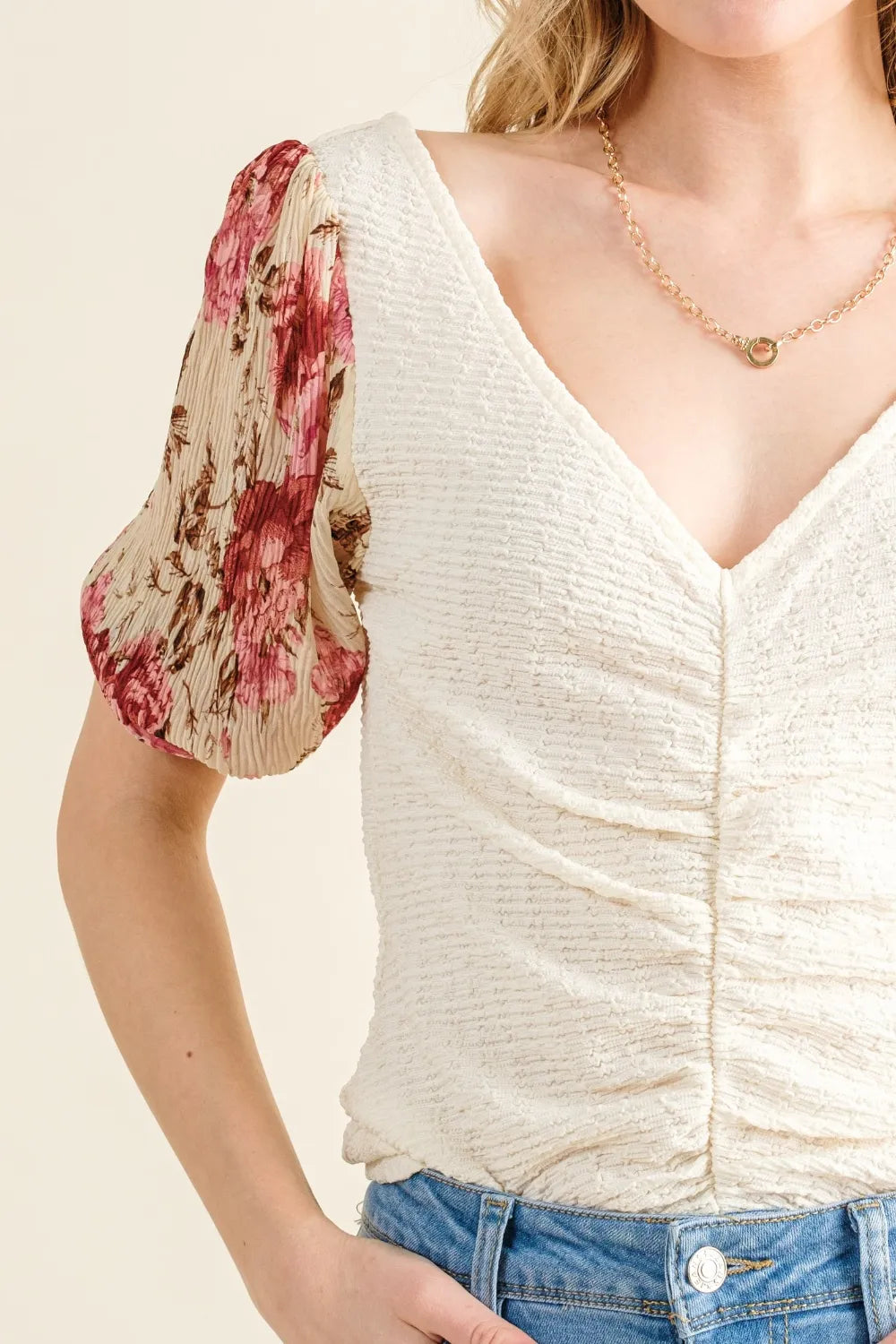 And The Why Full Size Floral Print Textured Sleeve Knit Top - Brittney MADE