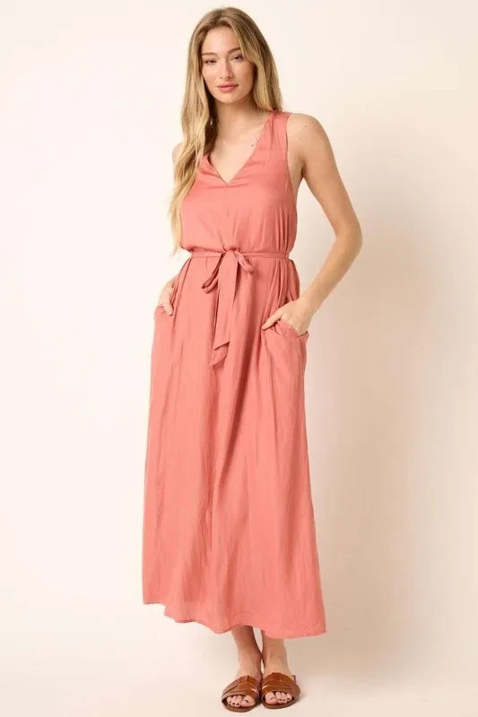 Mittoshop Cross Back Belted V Neck Tank Maxi Dress - Brittney MADE