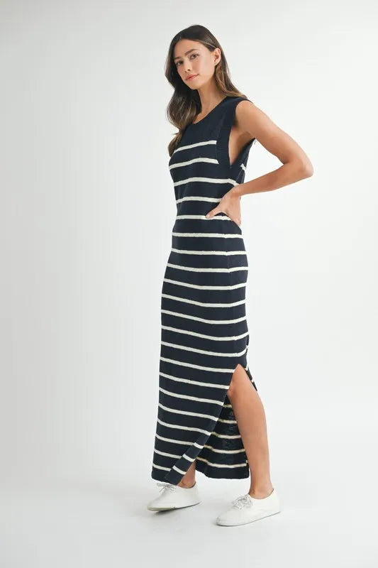 MABLE Sleeveless Stripe Sweater Maxi Side Slit Dress - Brittney MADE