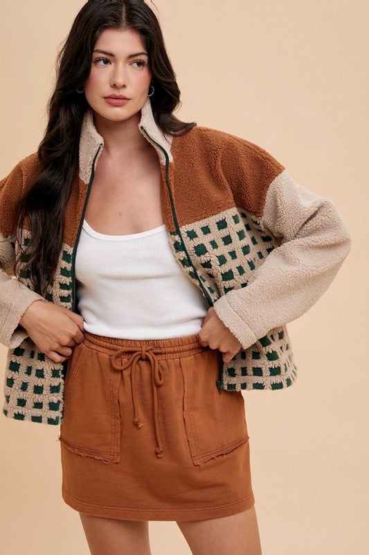 Annie Wear Plaid Zip Up Drop Shoulder Sherpa Jacket - Brittney MADE