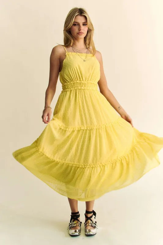 Davi & Dani Texture Swiss Dot Ruffle Square Neck Midi Dress - Brittney MADE