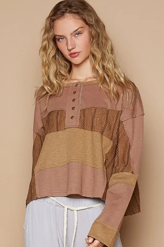 POL Half Button Color Block Drop Shoulder Knit Top - Brittney MADE