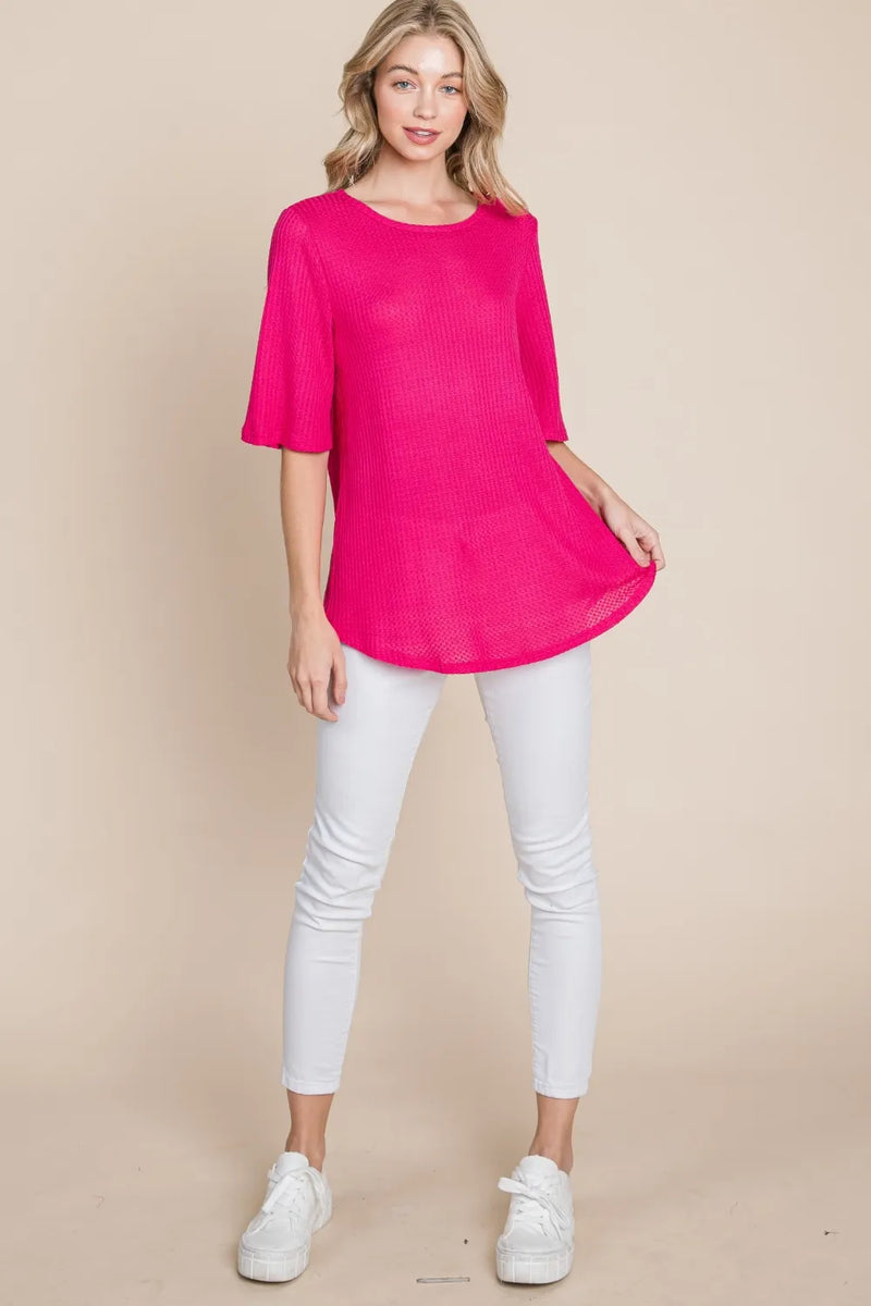 BOMBOM Round Neck Waffle Knit T-Shirt - Brittney MADE