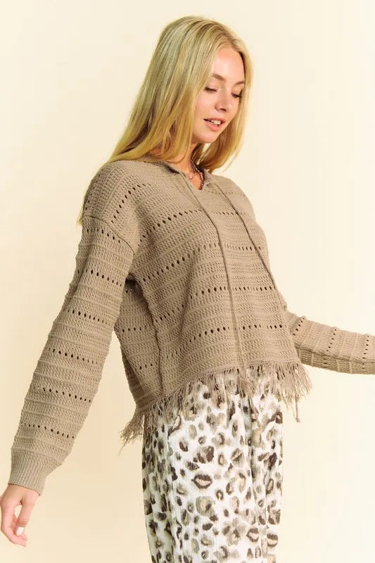 Davi & Dani Fringe Hem Openwork Drop Shoulder Knit Top - Brittney MADE