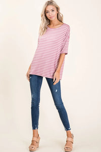 BOMBOM Striped Round Neck Half Sleeve T-Shirt - Brittney MADE