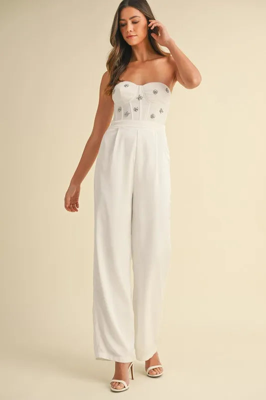 MABLE Rhinestone Applique Bustier Jumpsuit - Brittney MADE