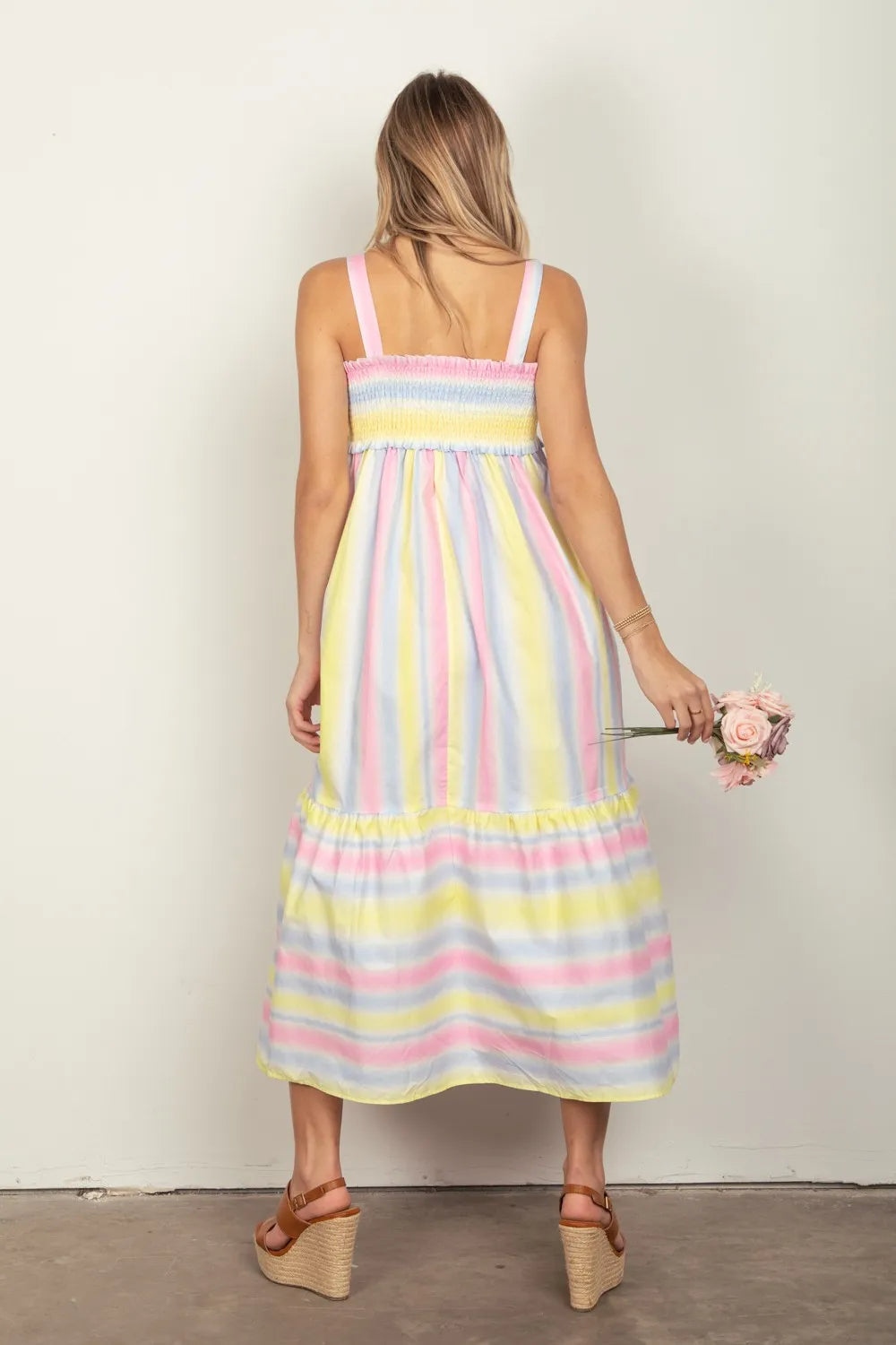 VERY J Striped Woven Smocked Midi Cami Dress - Brittney MADE