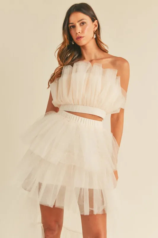 MABLE Tulle Tube Ruffle Crop Top and High Low Maxi Skirt Set - Brittney MADE