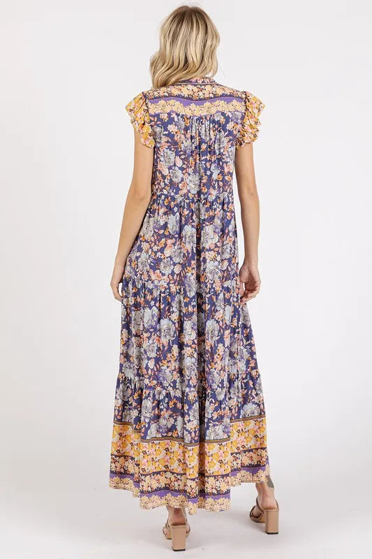 Mittoshop Floral Ruffled Notched Cap Sleeve Maxi Dress - Brittney MADE