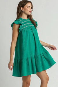 Umgee Full Size Smocked Contrast Stitching Ruffle Cap Sleeve Round Neck Dress Plus Size - Brittney MADE