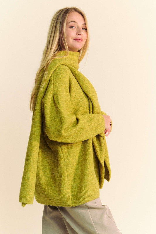 Davi & Dani V-Neck Dropped Shoulder Sweater with Scarf - Brittney MADE