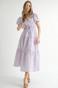 MABLE Eyelet Lace Puff Sleeve V Neck Midi Dress - Brittney MADE