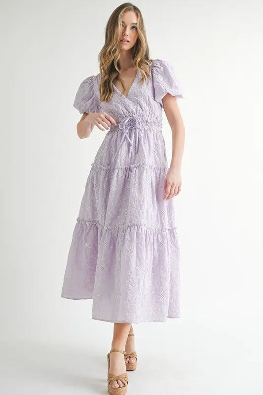 MABLE Eyelet Lace Puff Sleeve V Neck Midi Dress - Brittney MADE