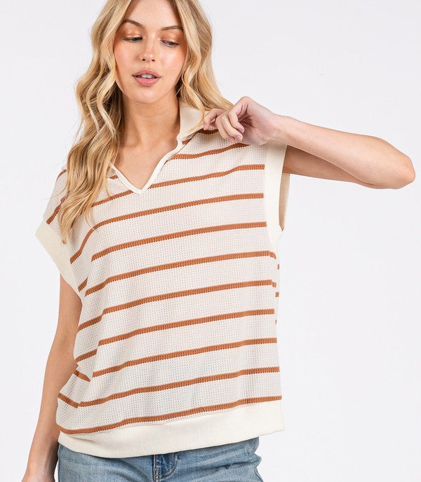 Ces Femme Collared Neck Contrast Striped Sweater Vest - Brittney MADE