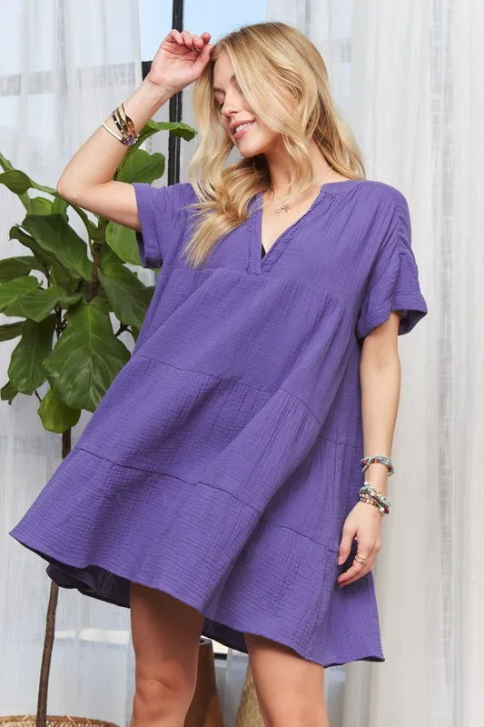 ADORA Tiered Notched Short Sleeve Dress - Brittney MADE