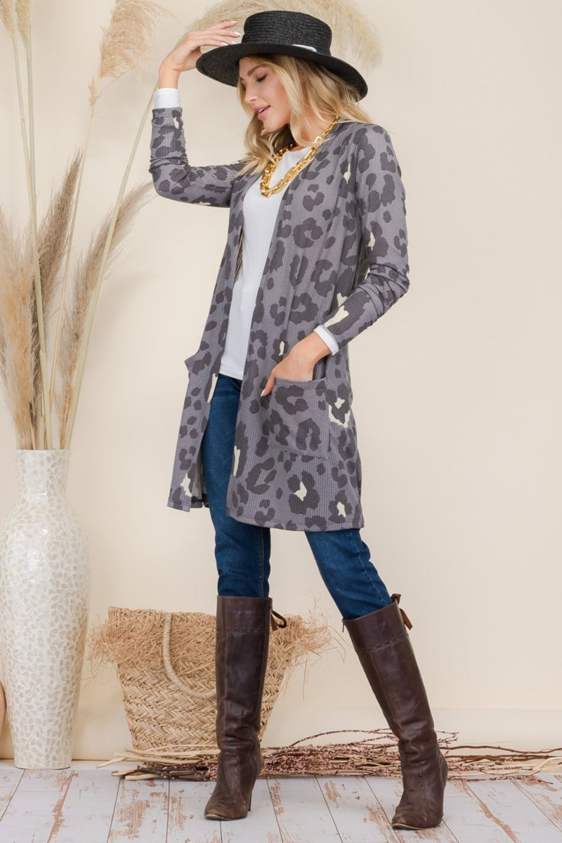 Celeste Full Size Leopard Open Front Contrast Cardigan - Brittney MADE