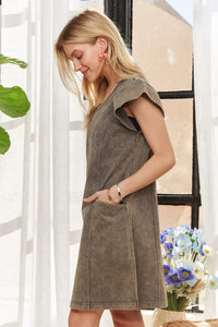 ADORA Mineral Washed V-Neck Ruffled Cap Sleeve Dress - Brittney MADE