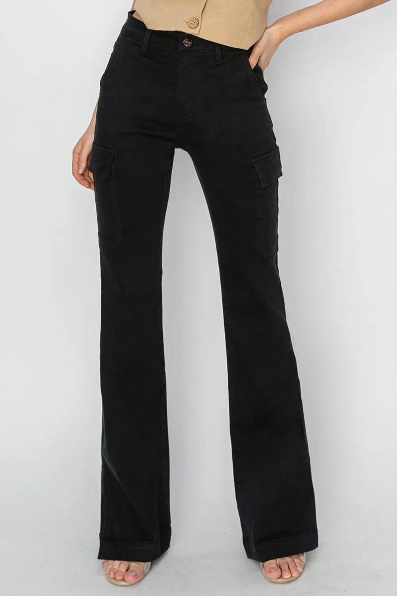RISEN Full Size High Rise Side Slit Cargo Bootcut Jeans - Brittney MADE
