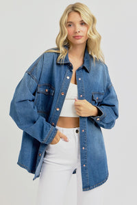 RISEN Full Size Snap Down Long Sleeve Denim Shacket - Brittney MADE
