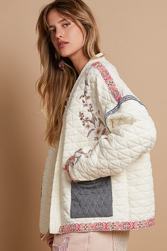 POL Embroidered Open Front Long Sleeve Jacket - Brittney MADE