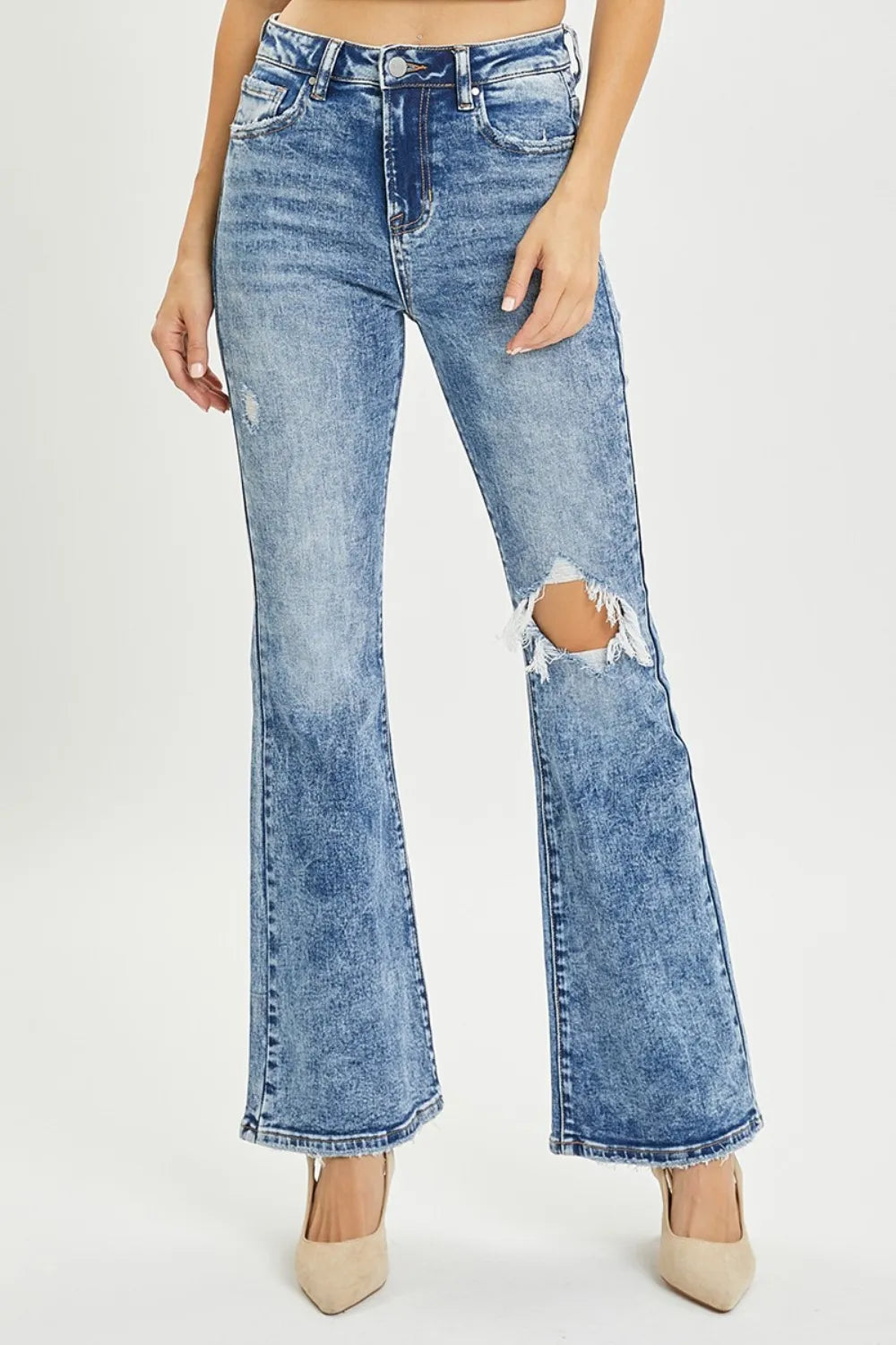 RISEN Full Size High Rise Distressed Flare Jeans - Brittney MADE