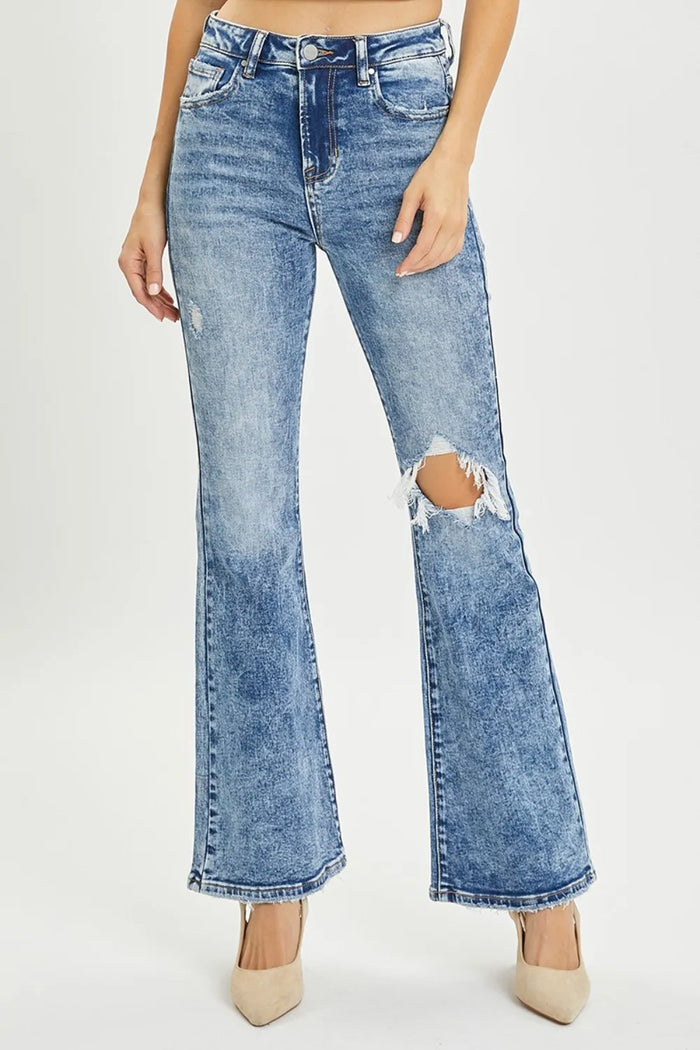 RISEN Full Size High Rise Distressed Flare Jeans - Brittney MADE