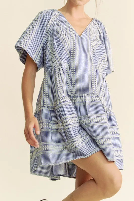 Davi & Dani Embroidered Stripe Ruffled Gingham Mini Dress - Brittney MADE