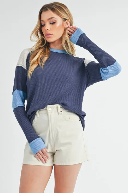 Aemi + Co Raw Seam Color Block Round Neck Knit Top - Brittney MADE