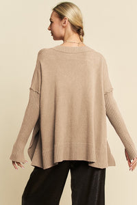 Davi & Dani Ribbed Side Slit V-Neck Sweater - Brittney MADE