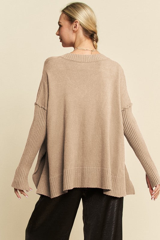 Davi & Dani Ribbed Side Slit V-Neck Sweater - Brittney MADE