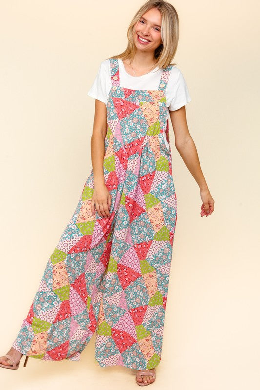 Haptics Full Size Printed Wide Leg Overalls with Side Pockets - Brittney MADE
