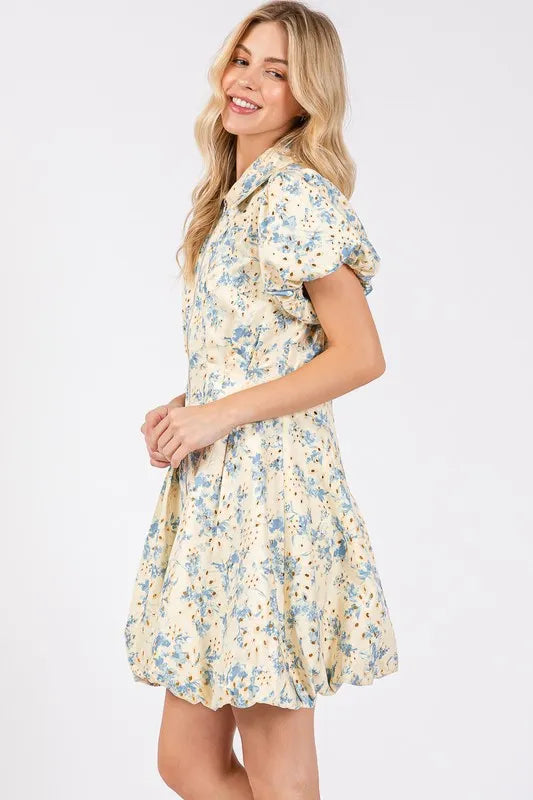 GeeGee Floral Eyelet Zipper Front Puff Sleeve Mini Dress - Brittney MADE