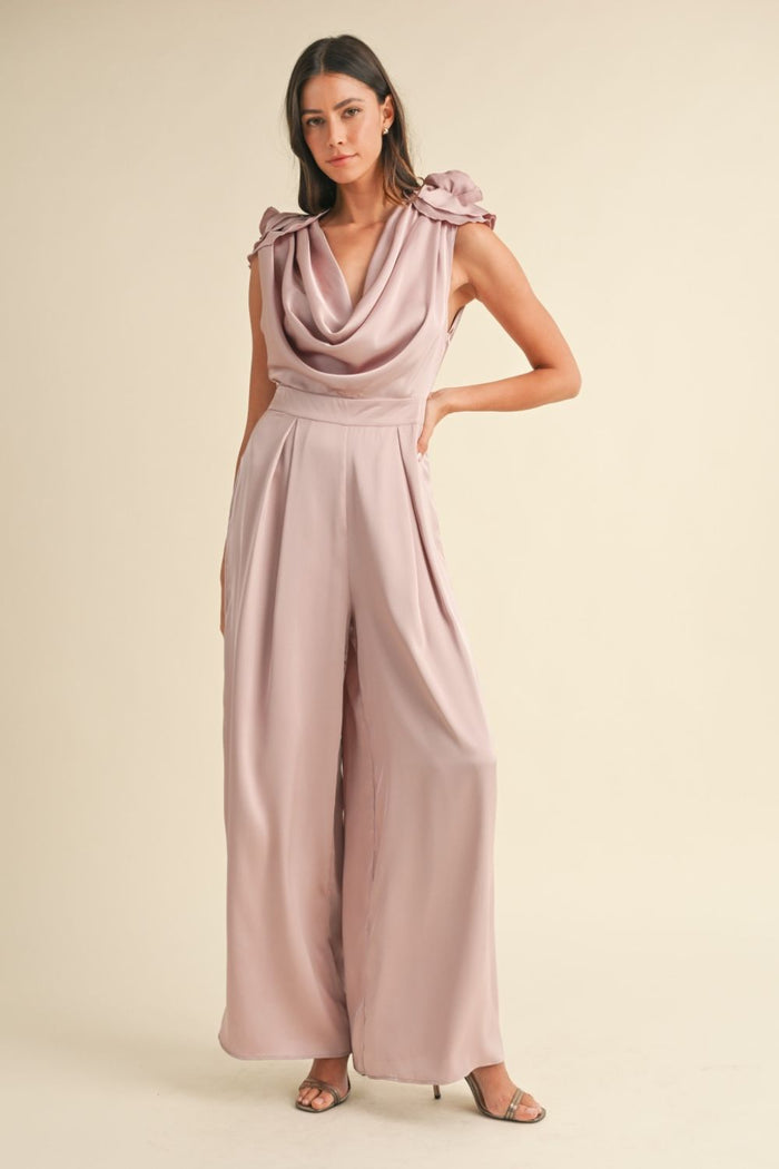MABLE 3D Floral Applique Deep Cowl Neck Jumpsuit - Brittney MADE