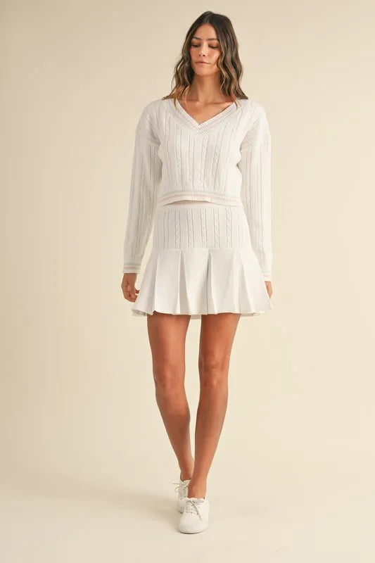 MABLE V-Neck Varsity Crop Knit Sweater and Skirt Set - Brittney MADE