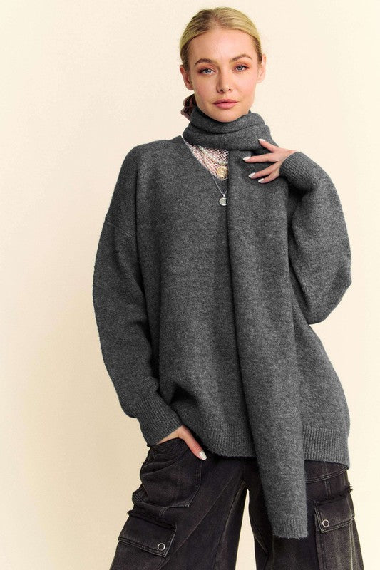 Davi & Dani V-Neck Dropped Shoulder Sweater with Scarf Set - Brittney MADE